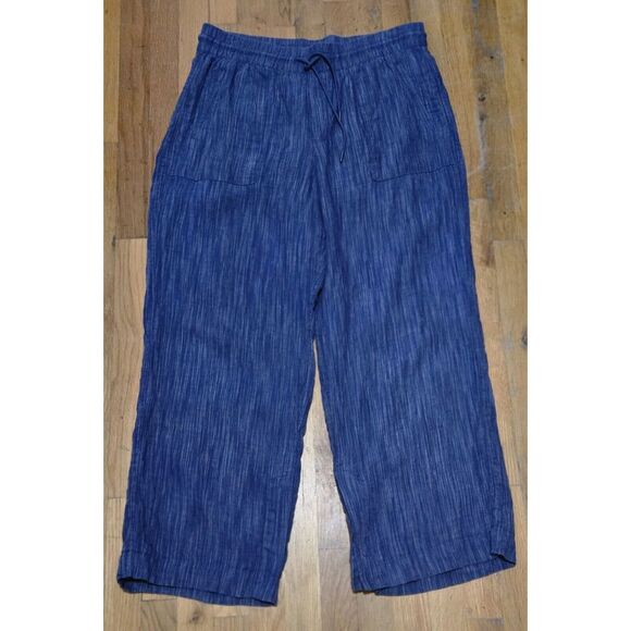 Athleta Womens Linen Wide Leg Pants Sz L Blue Vented Hem Drawstring Pull On - Picture 1 of 16